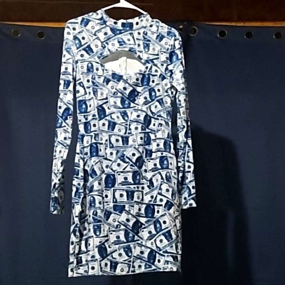 Open-chest money print party dress (gloves not shown)